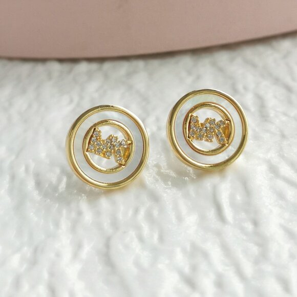 Michael Kors Pave Logo Disc Stud Earrings MKJ7764 | Crystal Gold - Picture 1 of 3